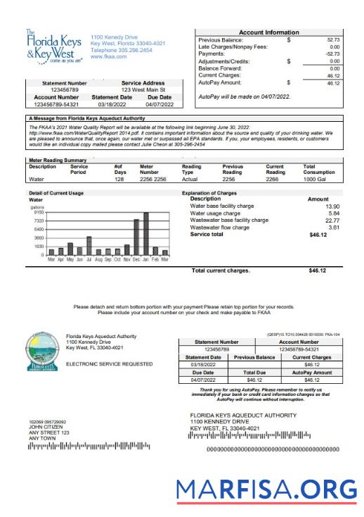Realistic USA Florida Florida Keys utility bill template in Word and PDF format